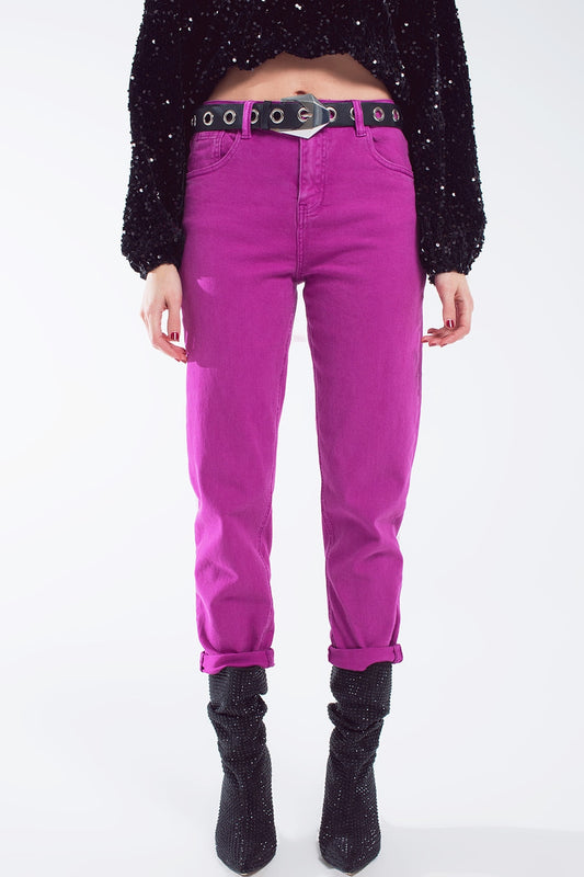 Q2 Cotton mid rise slouchy jean in Magenta