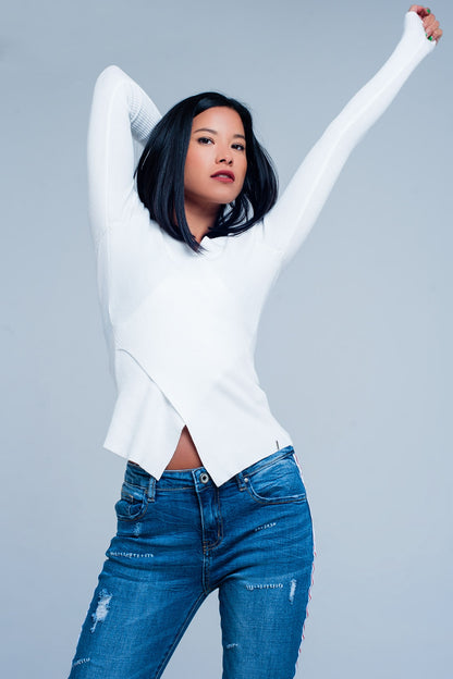 Q2-Cream ribbed v-neck sweater-Sweaters