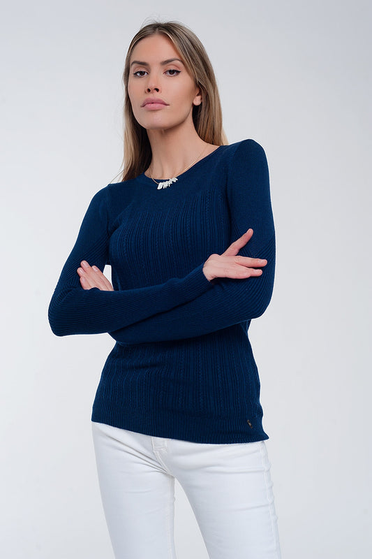 Q2 Crew neck ribbed sweater in navy