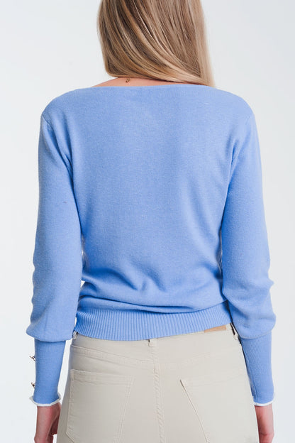 crew neck sweater with button detail in blueSweaters