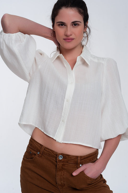 Cropped shirt with puff sleeve in creamBlouses