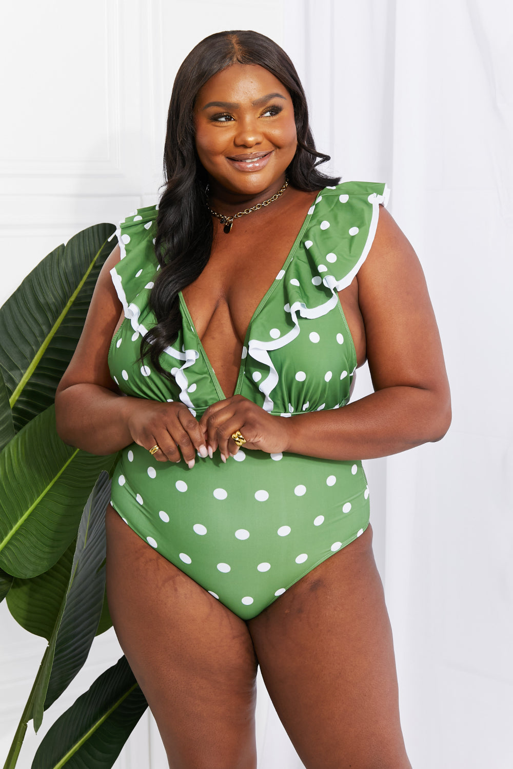 Marina West Swim Moonlit Dip Ruffle Plunge Swimsuit in Mid Green Posh Styles Apparel