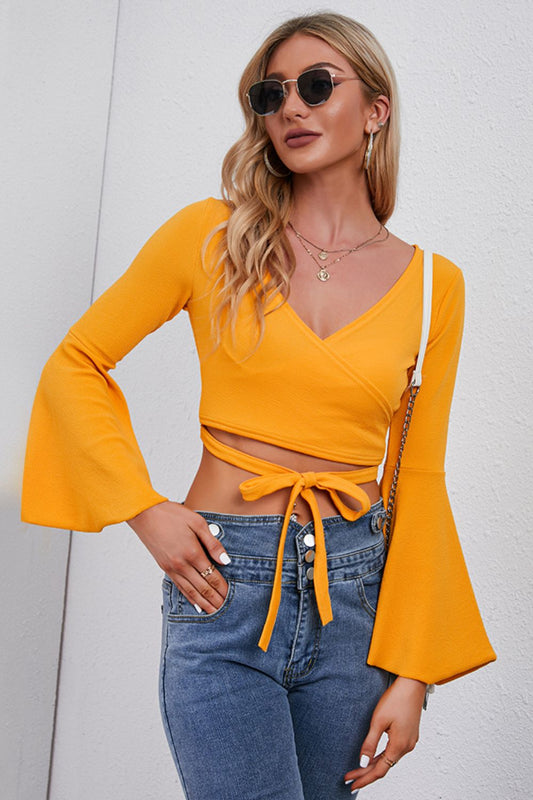 Tie Front Flare Sleeve Cropped Top Posh Styles Apparel