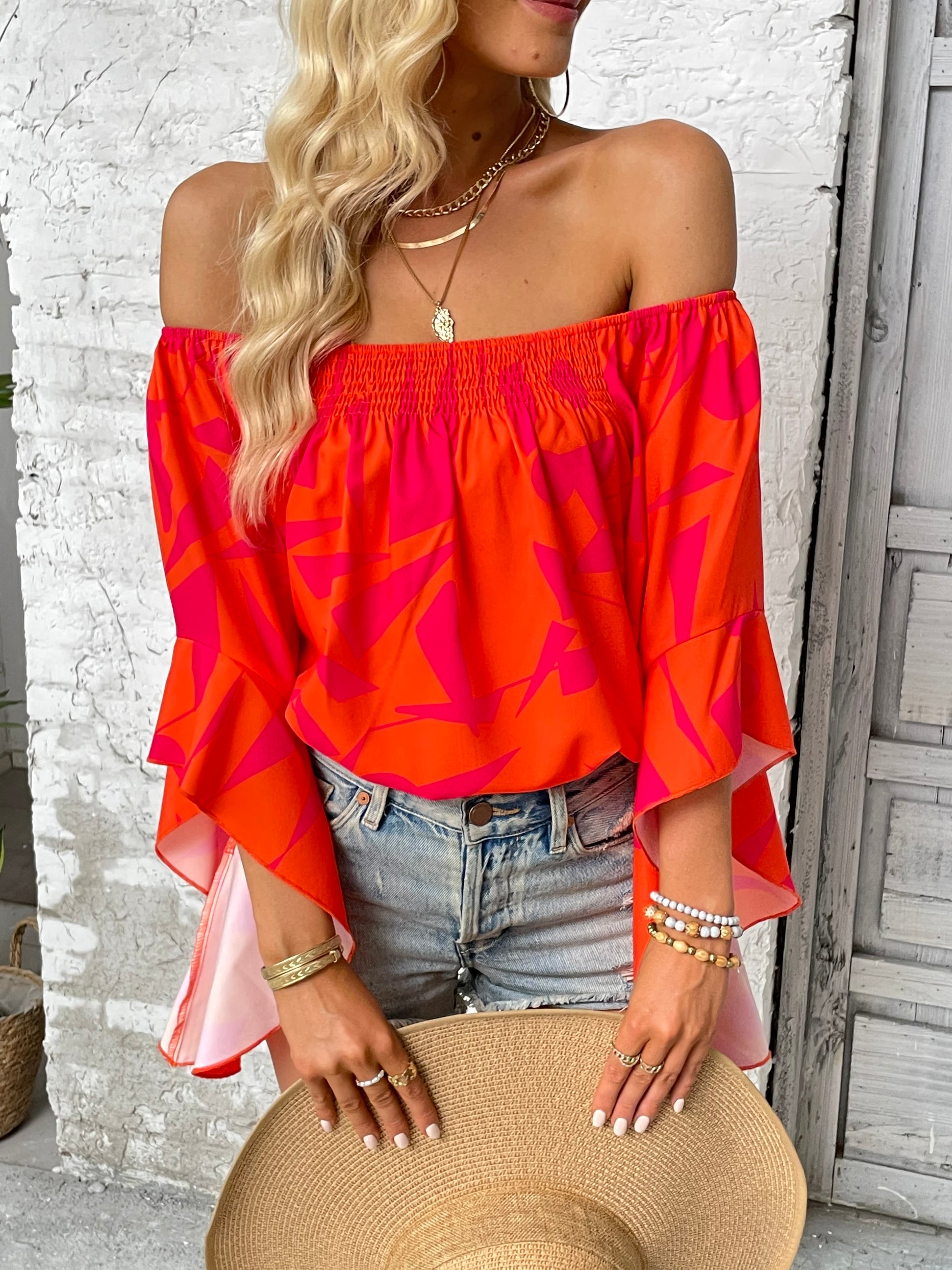 Printed Off-Shoulder Bell Sleeve Blouse Posh Styles Apparel