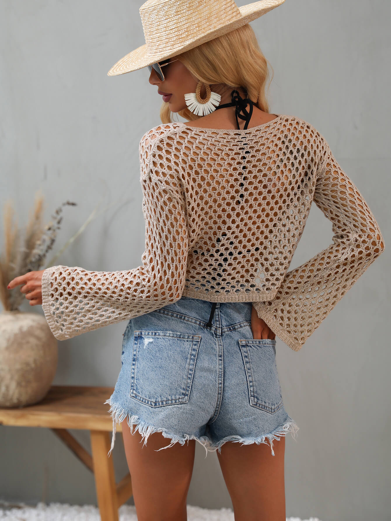 Openwork Flare Sleeve Cropped Cover Up Posh Styles Apparel