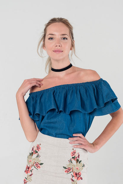 Q2 Dark denim off shoulder ruffle crop top