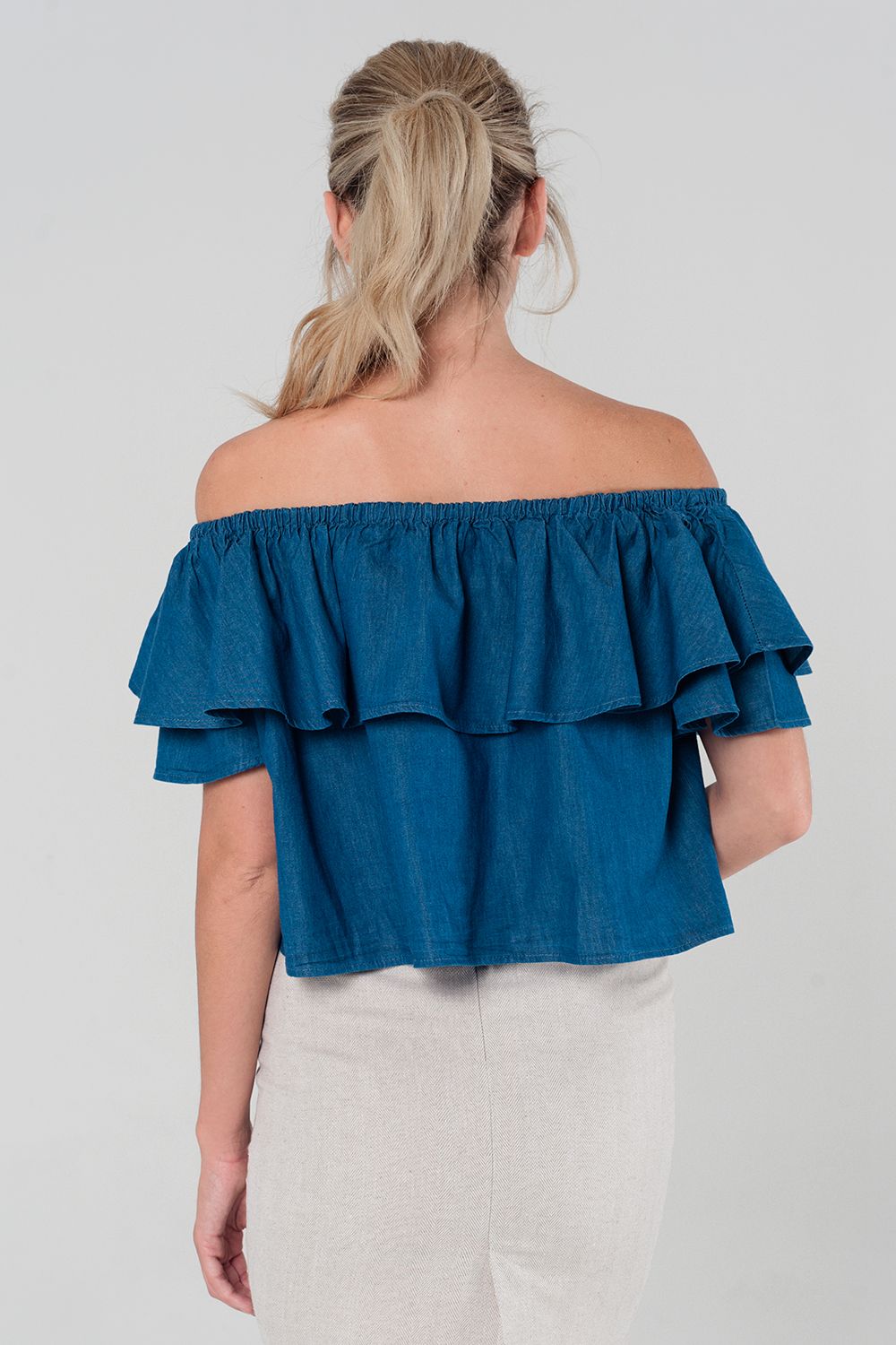 Dark denim off shoulder ruffle crop topShort Sleeve Tops