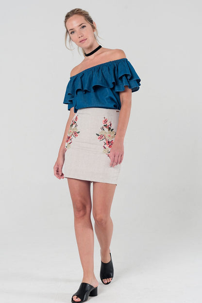 Dark denim off shoulder ruffle crop topShort Sleeve Tops