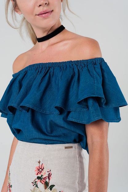 Dark denim off shoulder ruffle crop topShort Sleeve Tops