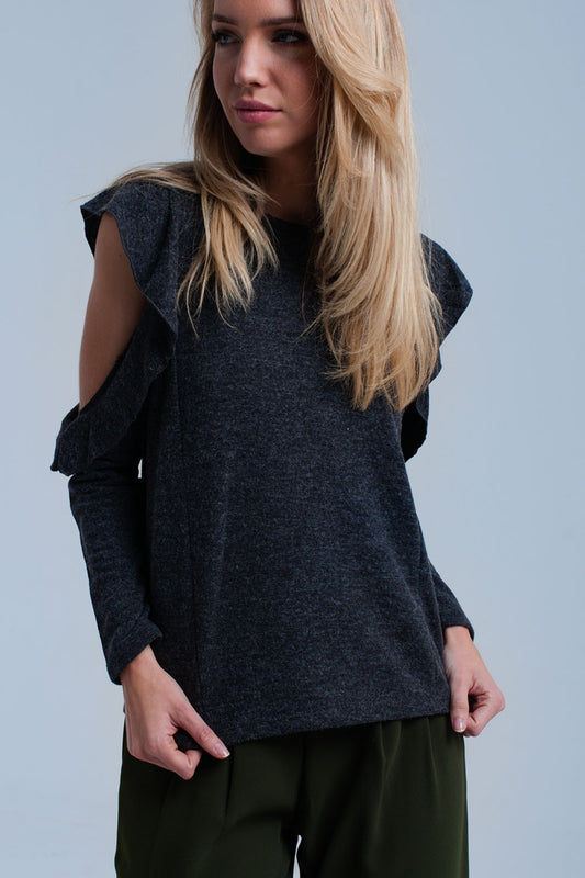 Dark gray top with ruffle and open detailBlouses