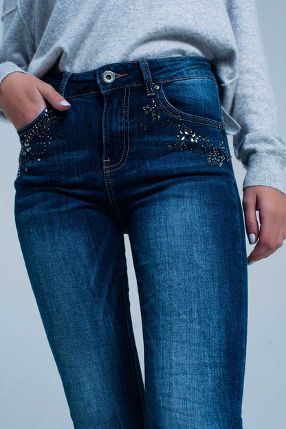 Dark Wash high waist Jeans with Rhinestone DetailsJeans