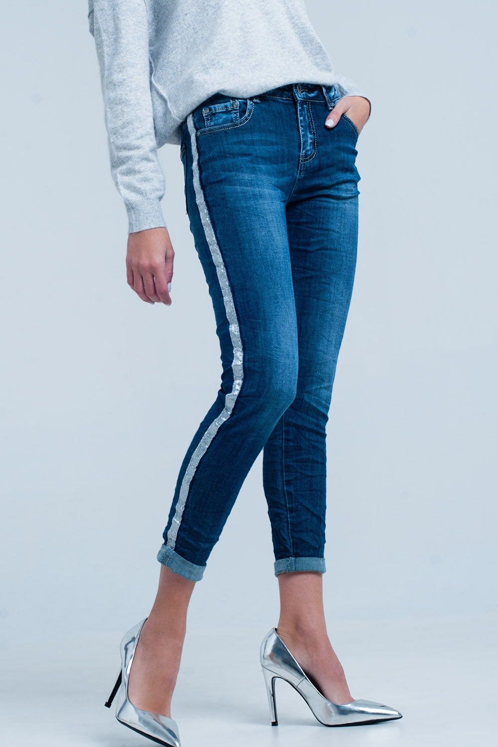 Q2 Dark Wash Jeans with Silver Shiny Side Stripe