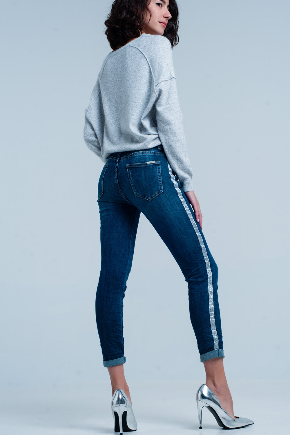 Dark Wash Jeans with Silver Shiny Side StripeJeans