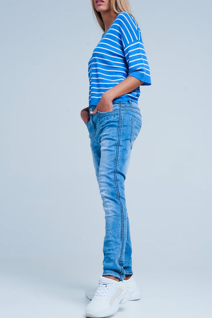 Q2 Embellished Side Boyfriend Jeans
