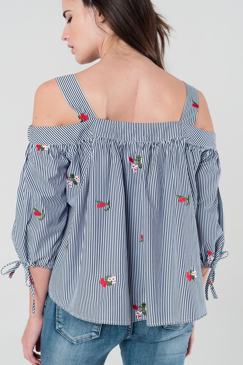 Embroidered cold shoulder striped top in navyBlouses