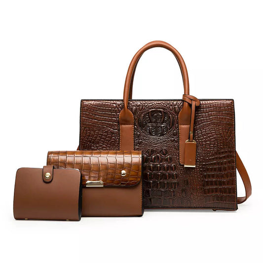 Ashbury Brown Faux Leather Crocodile Pattern Handbag - 3 Piece Set Posh Styles Apparel