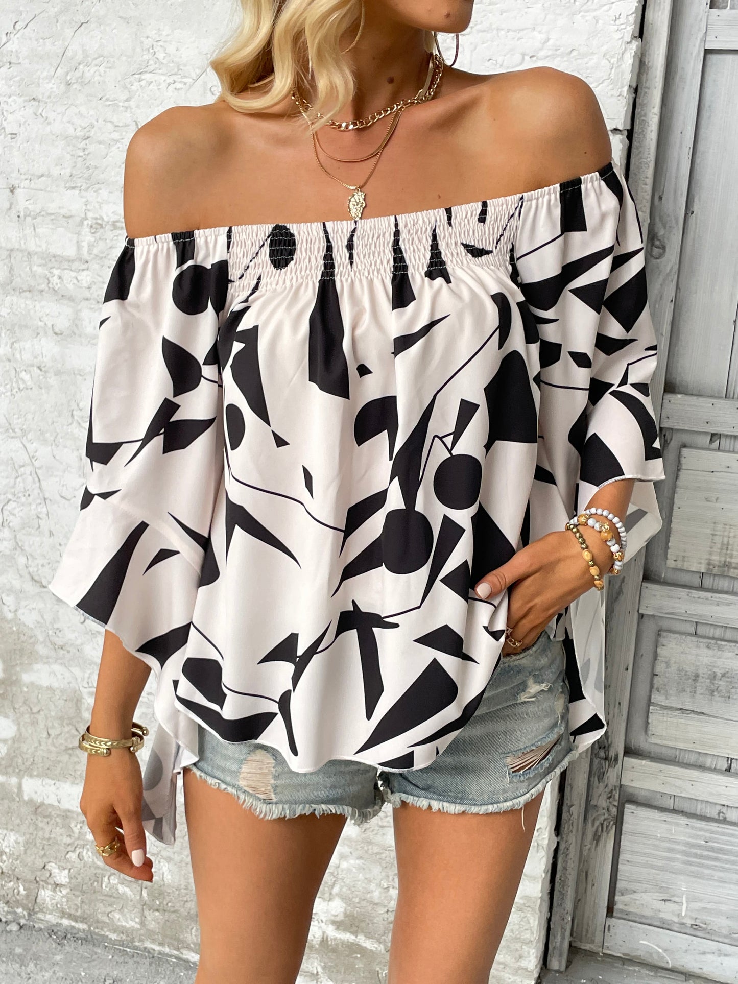 Printed Off-Shoulder Bell Sleeve Blouse Posh Styles Apparel