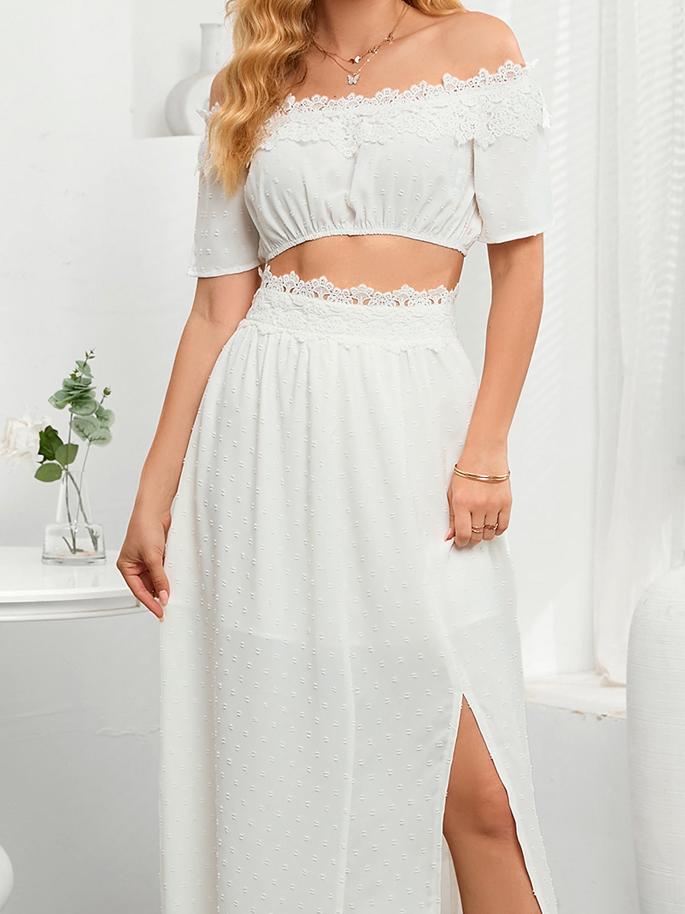 Swiss Dot Lace Trim Cropped Top and Slit Skirt Set Posh Styles Apparel