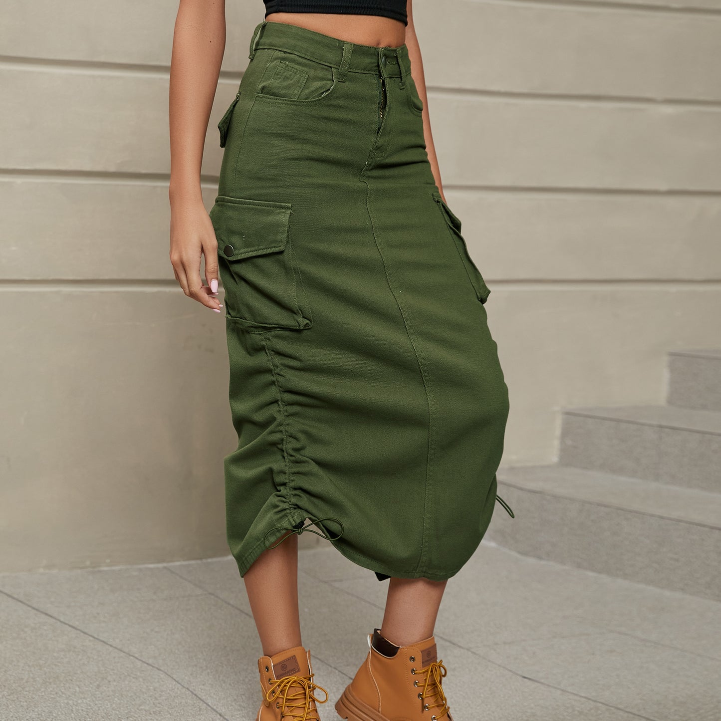 Drawstring Ruched Slit Denim Midi Skirt Posh Styles Apparel