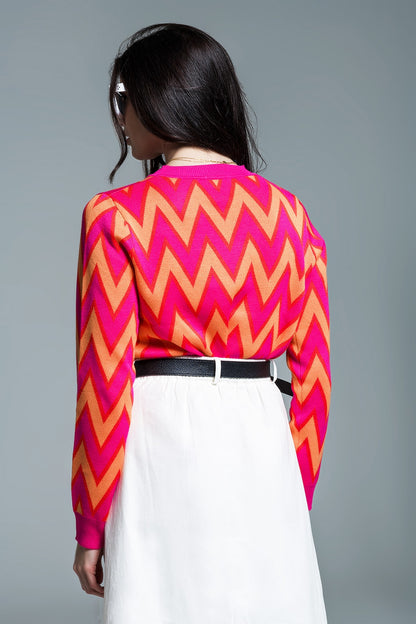 Fuchsia  sweater with  zig zag print with orange details