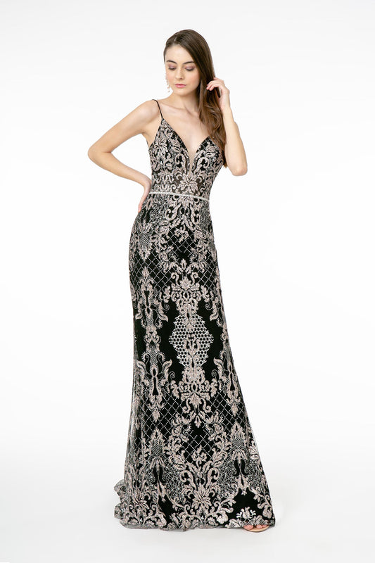 Jeweled Waist Band Accented Glitter Mesh Long Dress GLGL2990-0