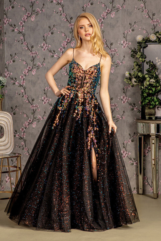 Glitter Illusion Sweetheart Sheer Bodice Mesh A-line Long Prom Dress-0