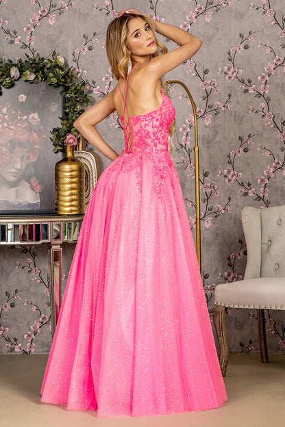 Glitter Illusion Sweetheart Sheer Bodice Mesh A-line Long Prom Dress-3