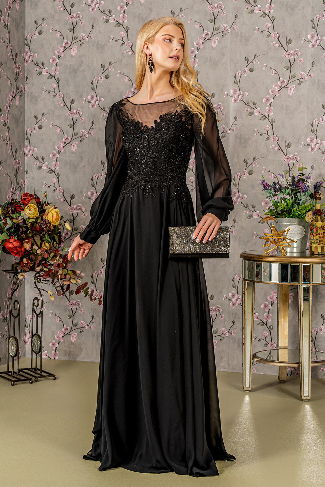 Floral Embroidery Sheer Boat Neckline Chiffon A-line Long Mother Of The Bride Dress -6