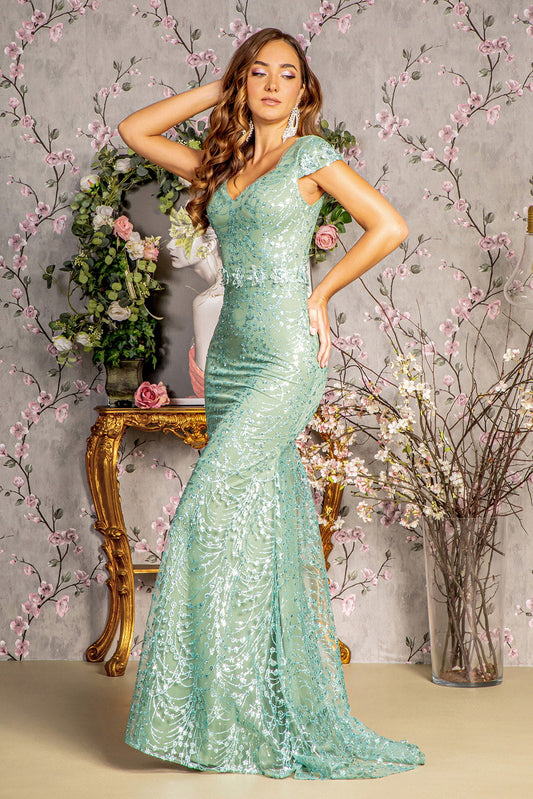 3D Flower Glitter Sheer Neckline Mesh Mermaid Long Formal Dress-0