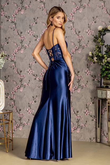 Embroidery Sequin Ruched Side Satin Mermaid Long Evening Dress -3