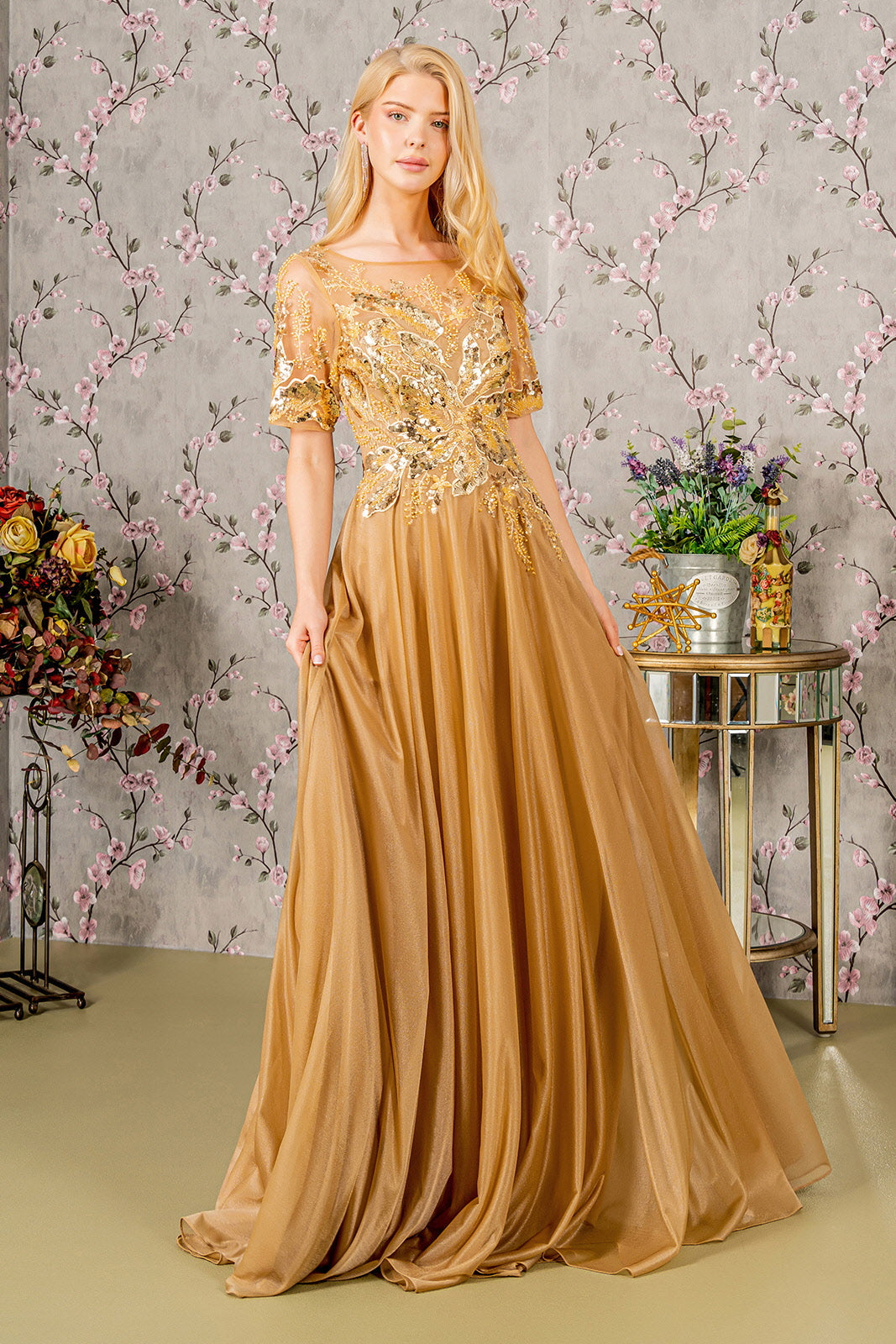 Metallic Embroidery Sheer Neckline Glitter Crepe A-line Long Formal Dress -4