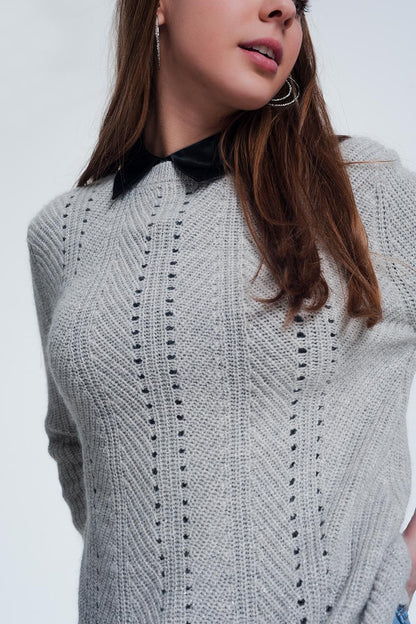 Q2 Gray sweater with knitted stripe detail