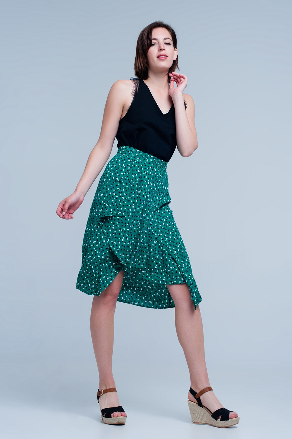 Q2-Green skirt with flower print-Skirts