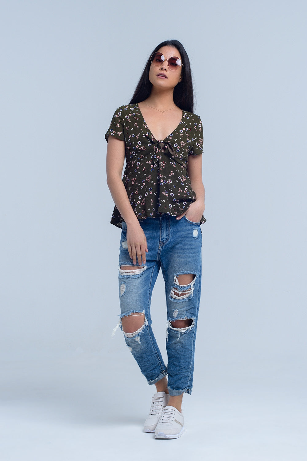 Green top with floral printShort Sleeve Tops