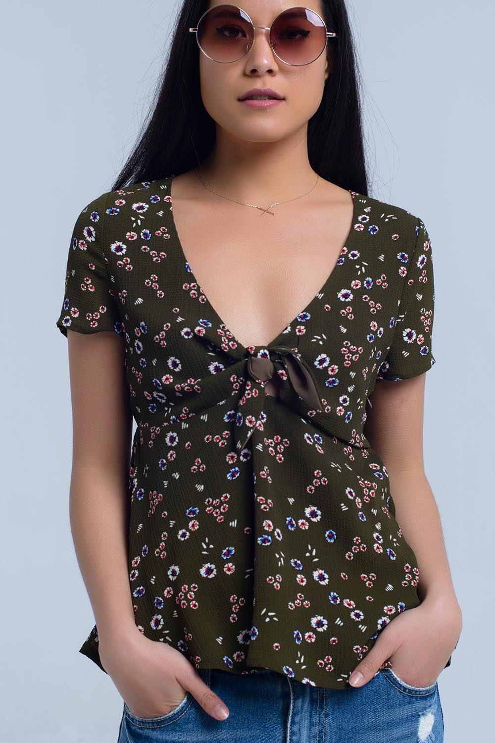 Green top with floral printShort Sleeve Tops