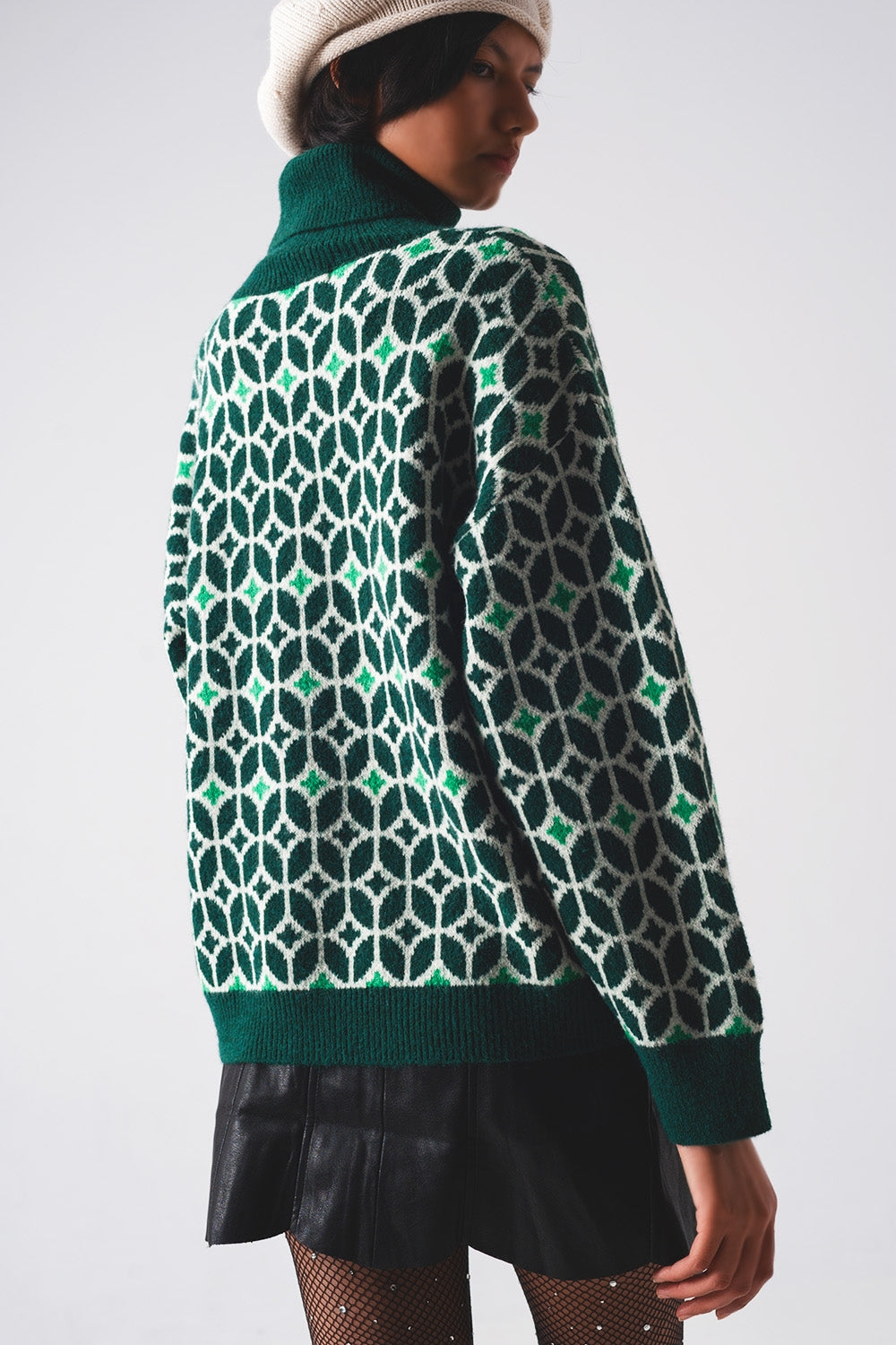 High neck jumper in geo pattern in greenSweaters