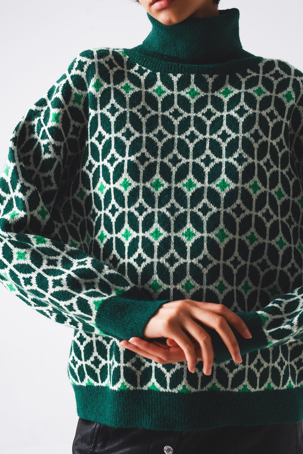 High neck jumper in geo pattern in greenSweaters