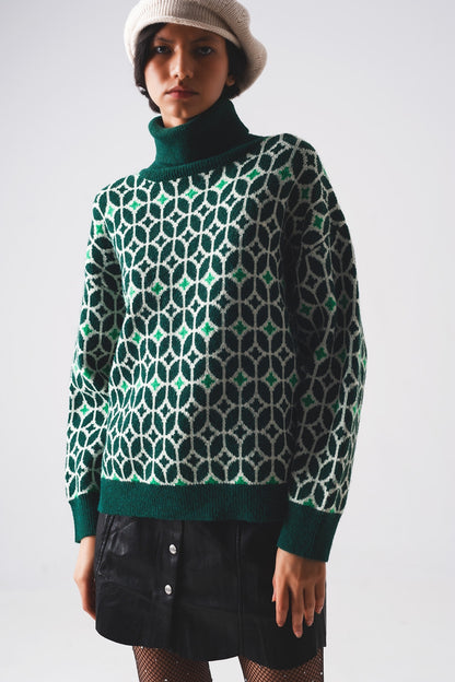 High neck jumper in geo pattern in greenSweaters