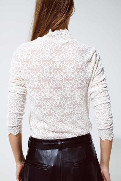 High Neck Top With Embroided Flowers And Scallop Details in White