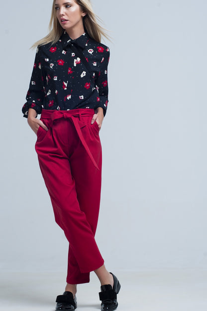 High waist red pants with beltPants