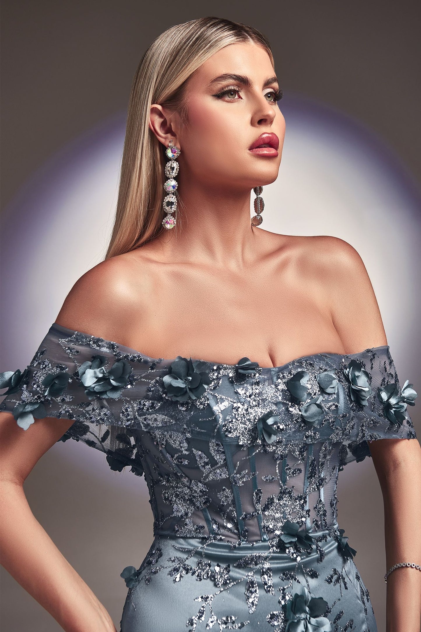 Floral Print Fitted 3D Applique Vintage Sheer off the shoulder Embellished Bodice Evening Cute Ball Prom & Bridesmaid Dress CDJ832-1