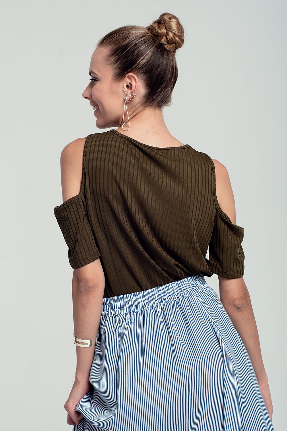 Khaki cold shoulder topTops