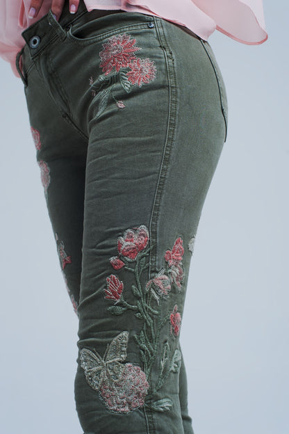 Q2-Khaki jeans with embroidered flower-Jeans