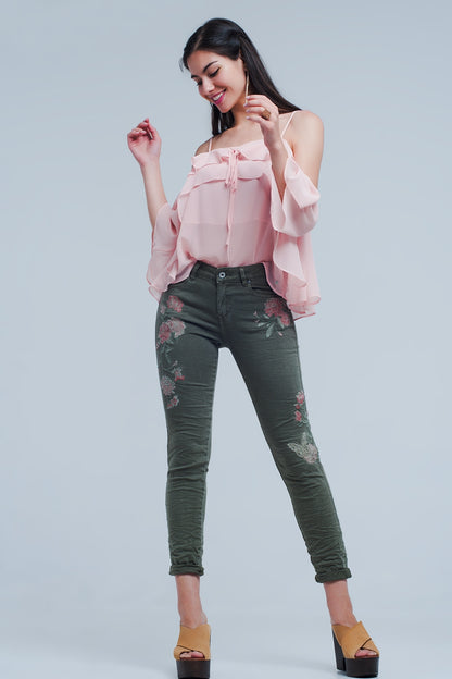 Q2-Khaki jeans with embroidered flower-Jeans