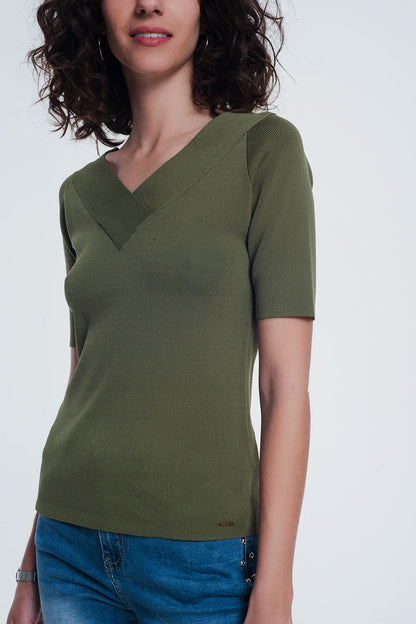 Q2-khaki sweater with v neck and short sleeves-Sweaters