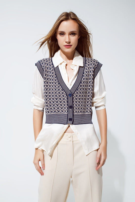 Q2 Knitted Cropped Vest With Rib Trim in blue
