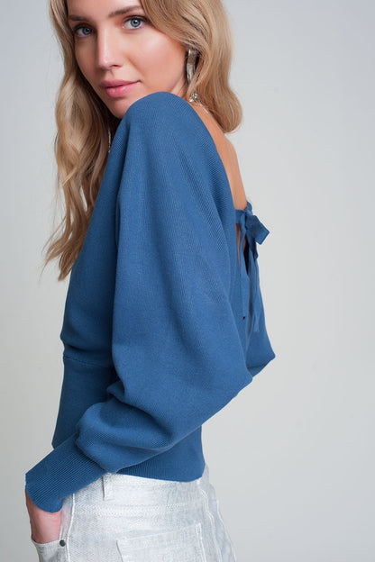 Knitted sweater with wrapped V-neck in blueSweaters