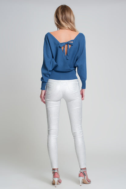 Knitted sweater with wrapped V-neck in blueSweaters