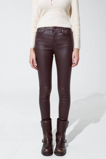 Q2 leatherette effect super skinny pants in dark brown