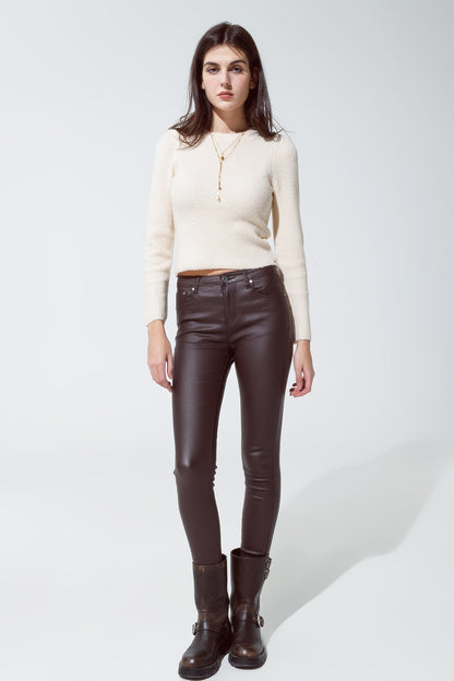 leatherette effect super skinny pants in dark brown